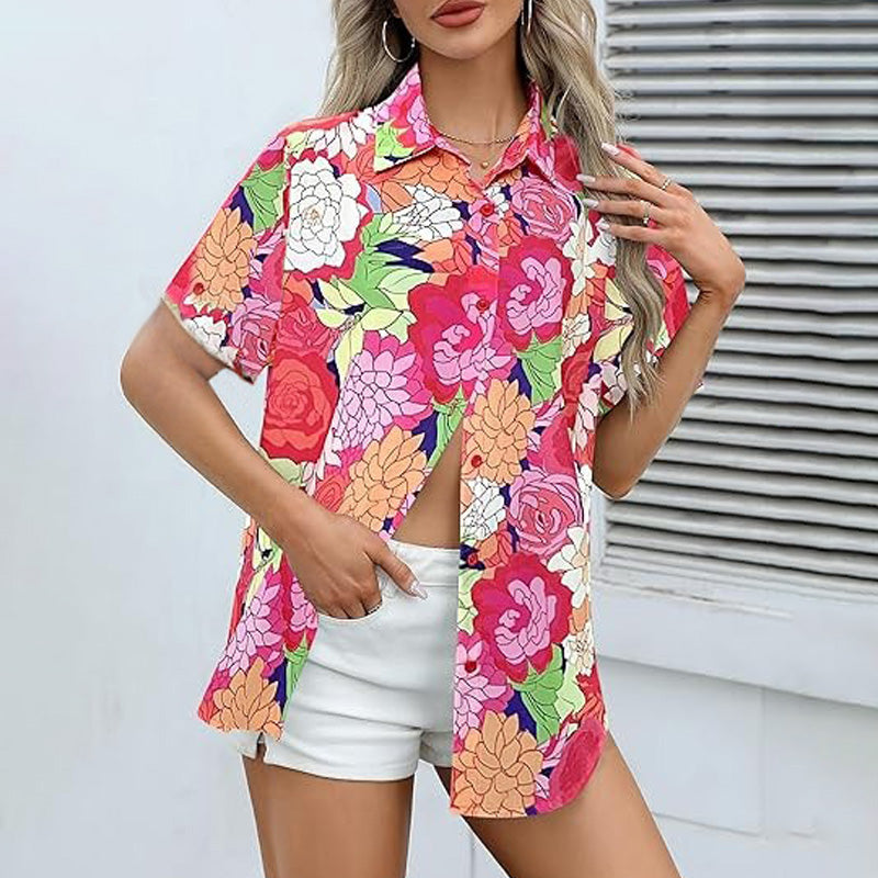 Women's Retro Geometric Floral Print Oversized Shirt in Coral & Gold