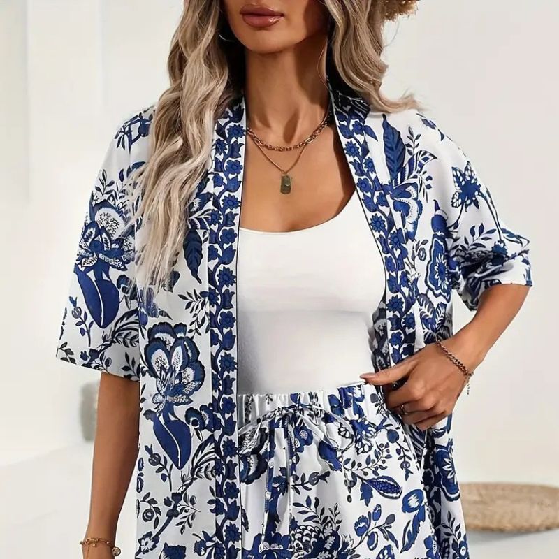 Blue and White Floral Hawaiian Set