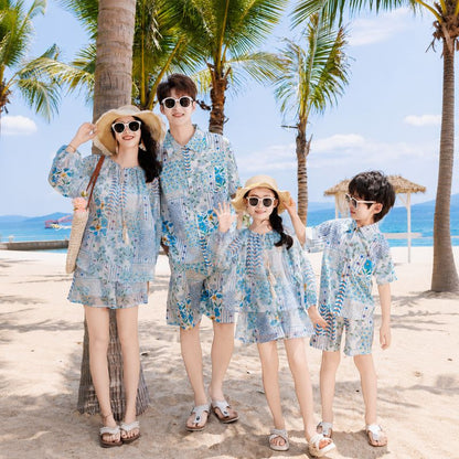 Blue Floral Print Matching Family Hawaiian Set
