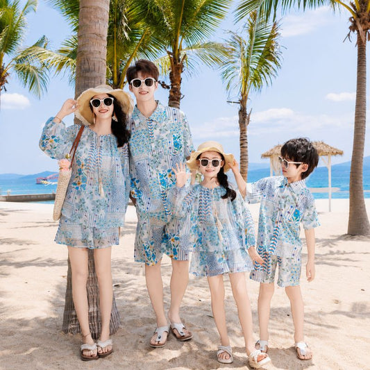 Blue Floral Print Matching Family Hawaiian Set