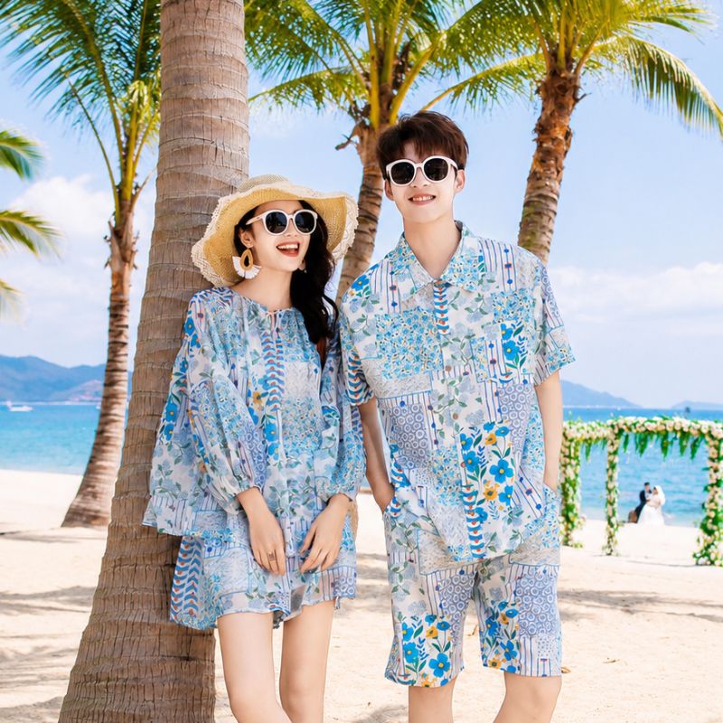 Blue Floral Print Matching Family Hawaiian Set