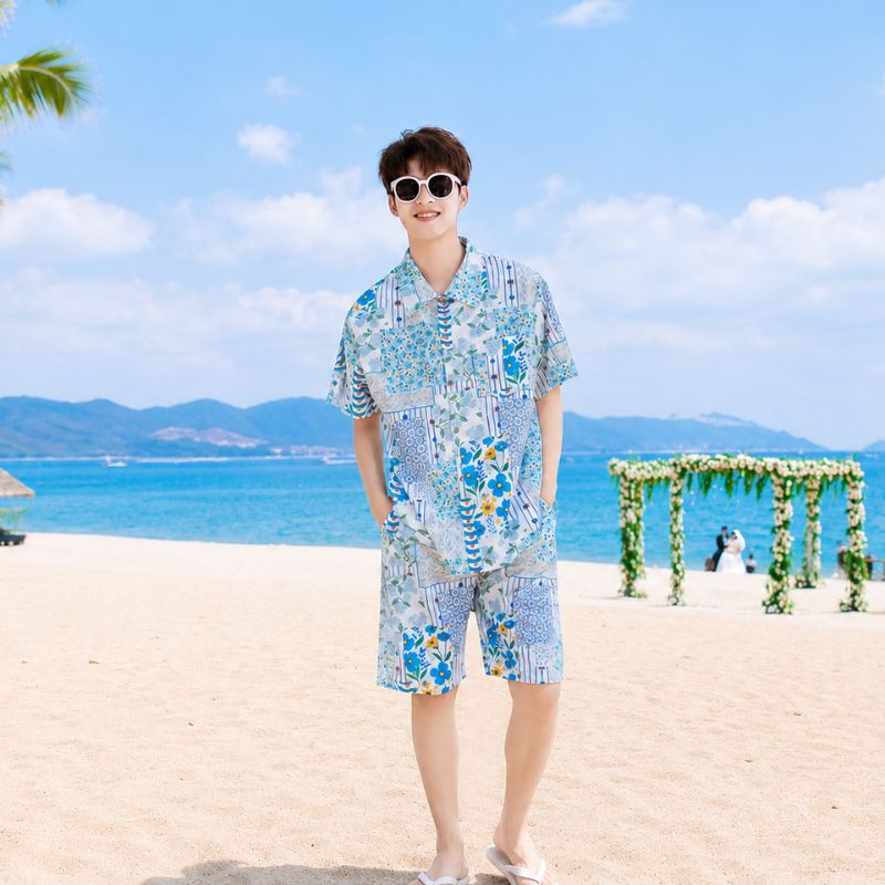 Blue Floral Print Matching Family Hawaiian Set