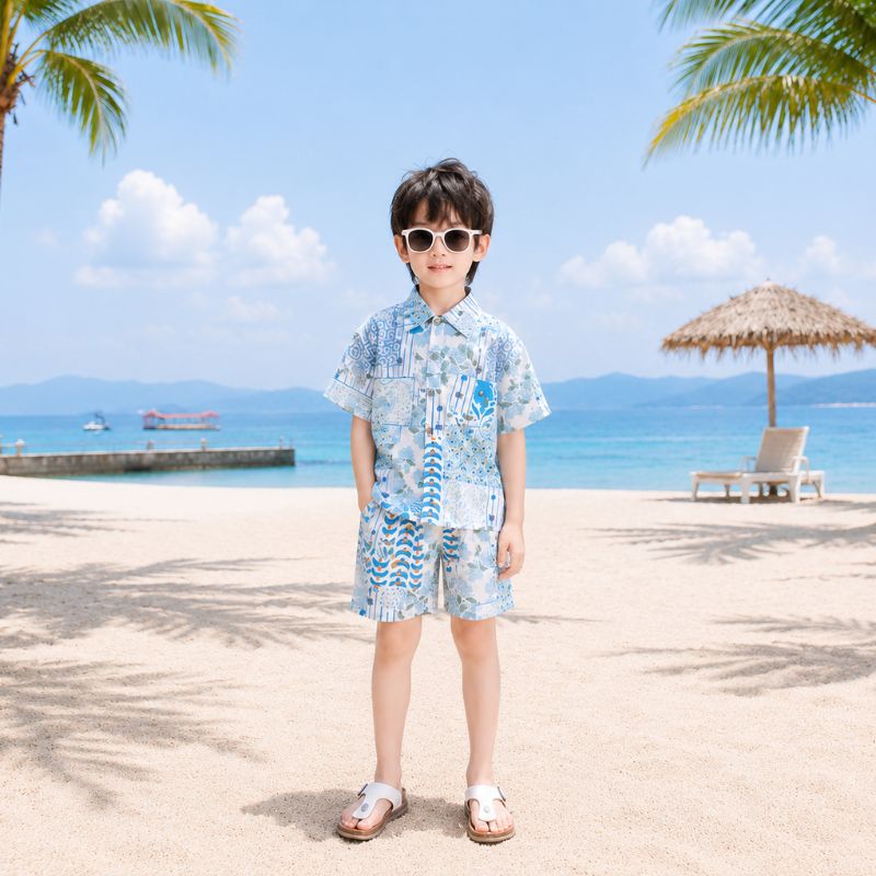 Blue Floral Print Matching Family Hawaiian Set