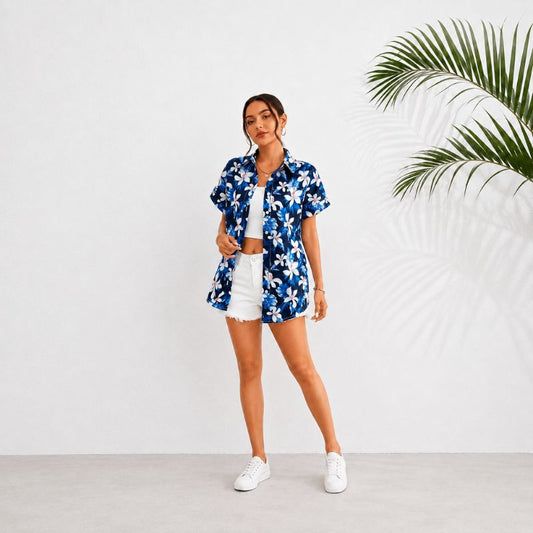 Blue Flowers Women Floral Shirt