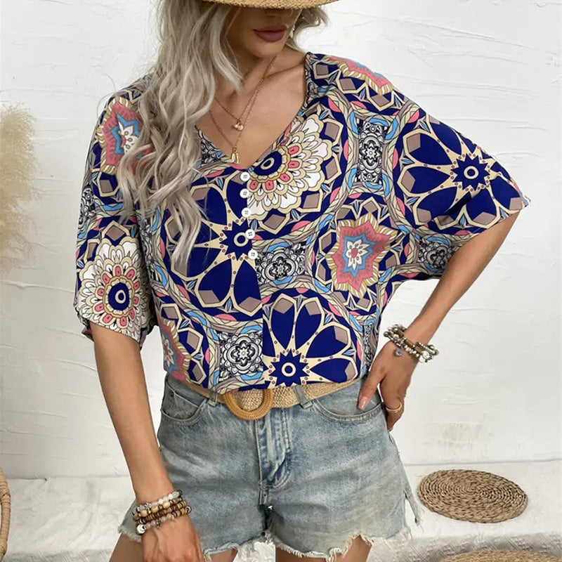 Blue Patterned Flower Shirt