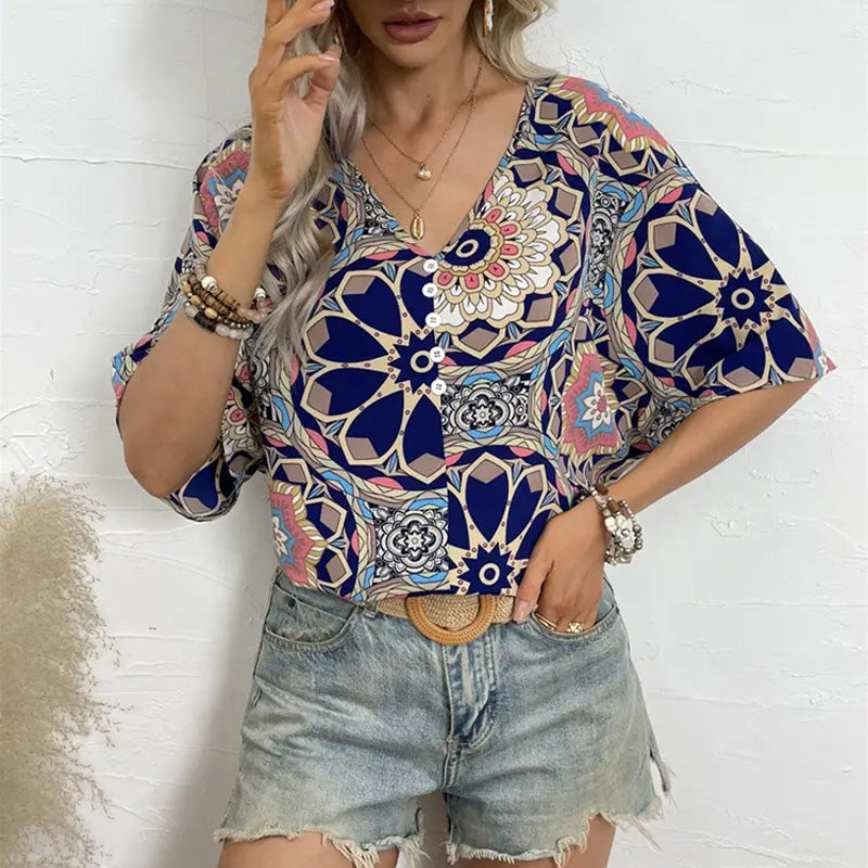 Blue Patterned Flower Shirt