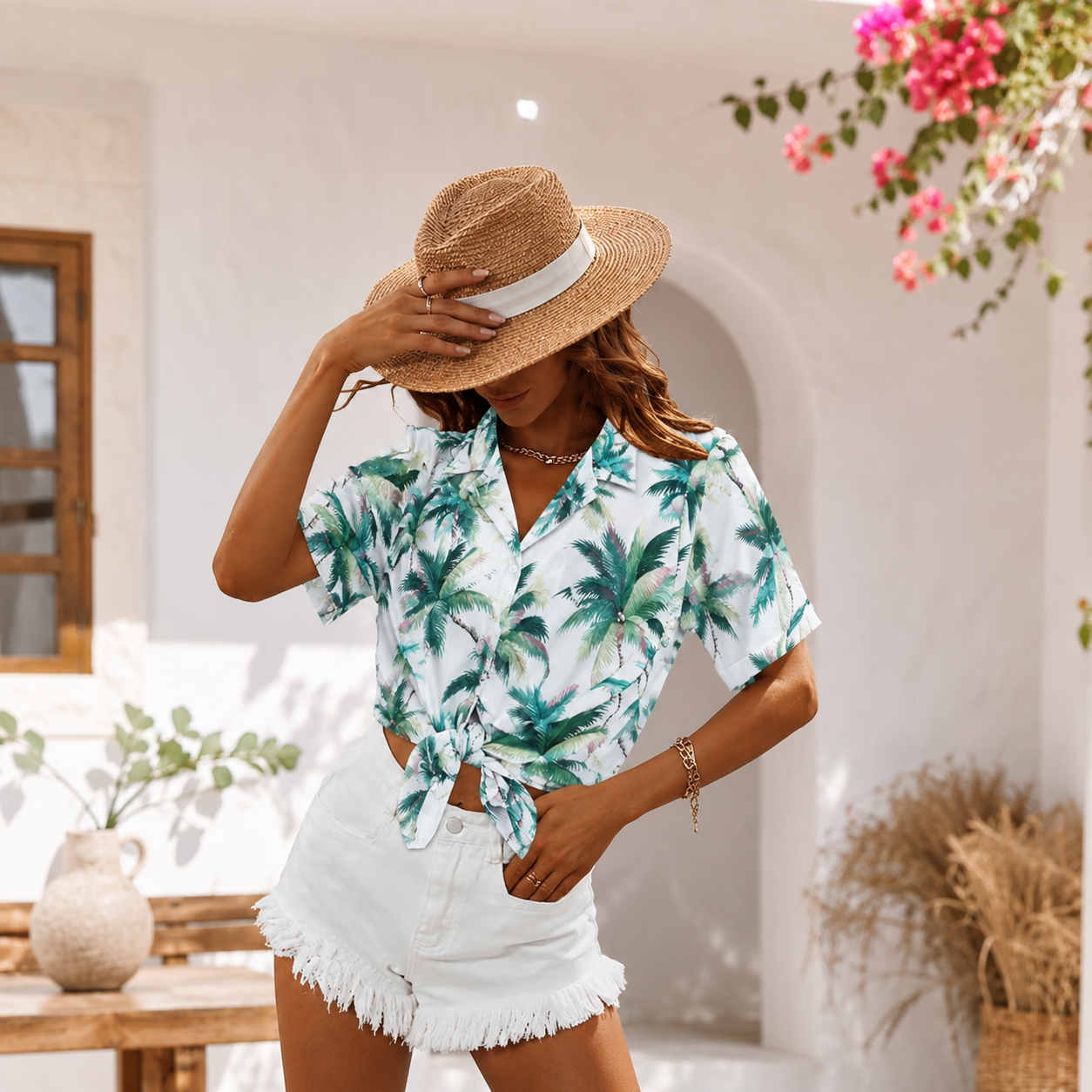 Green Palm Trees On White Hawaiian Shirts