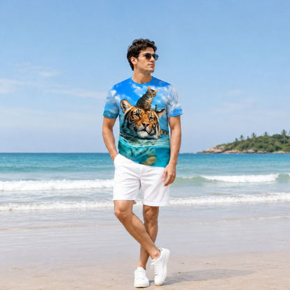 Cool Tiger & Kitten Print Beach Shirt