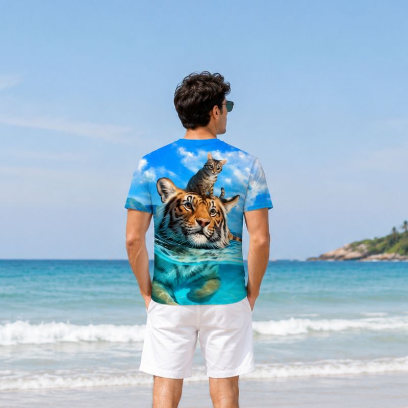 Cool Tiger & Kitten Print Beach Shirt