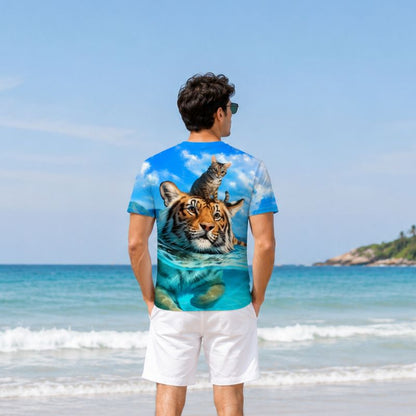 Cool Tiger & Kitten Print Beach Shirt