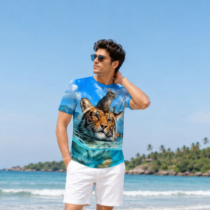 Cool Tiger & Kitten Print Beach Shirt