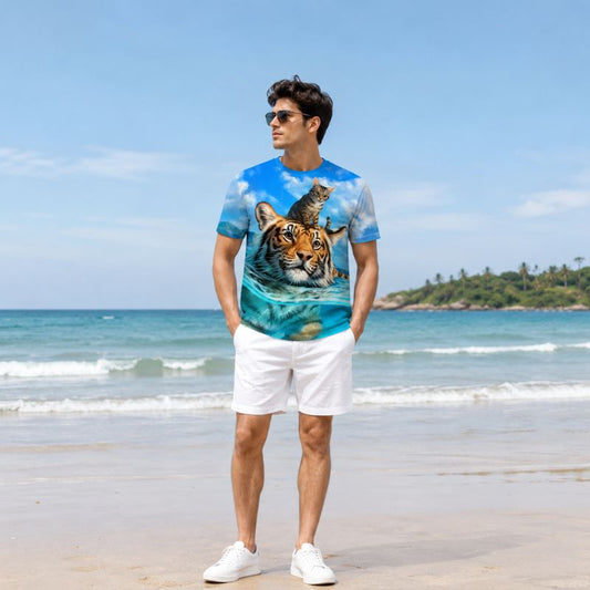 Cool Tiger & Kitten Print Beach Shirt