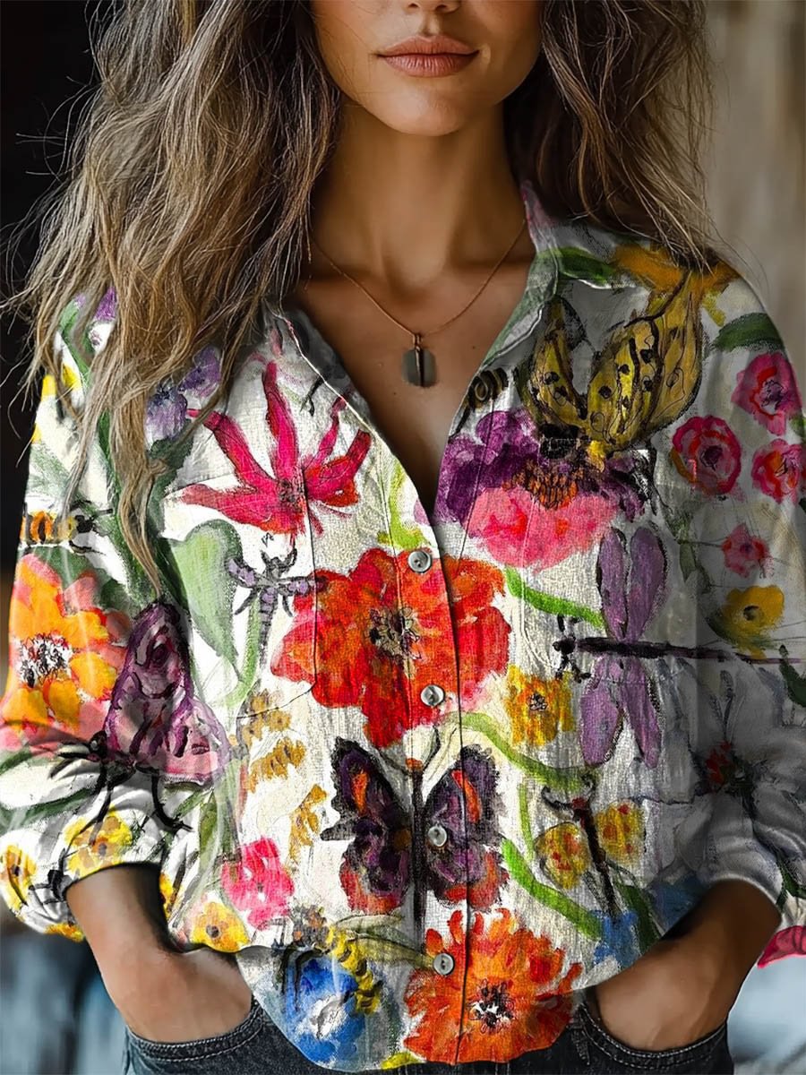 Vintage Butterfly Meadow Floral Shirt