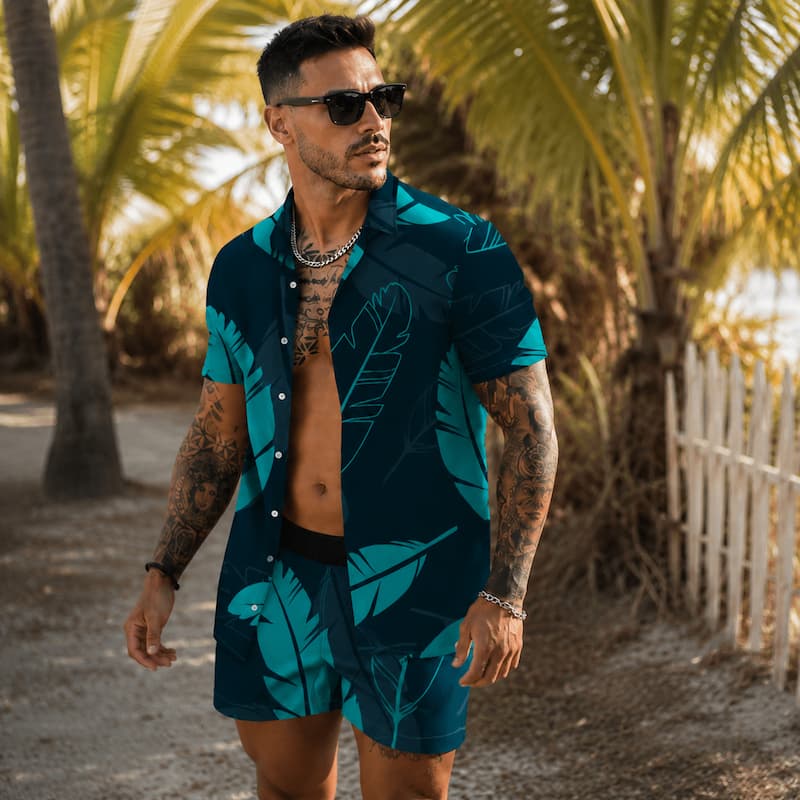 A man wearing a teal and black tropical leaf print short-sleeve button-up shirt and matching shorts, standing outdoors on a sandy path with palm trees and a white fence in the background.