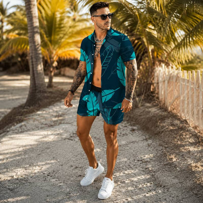 A man wearing a matching teal and dark blue tropical leaf print short-sleeve button-up shirt and shorts, styled with white sneakers and sunglasses, walking on a sandy path lined with palm trees.