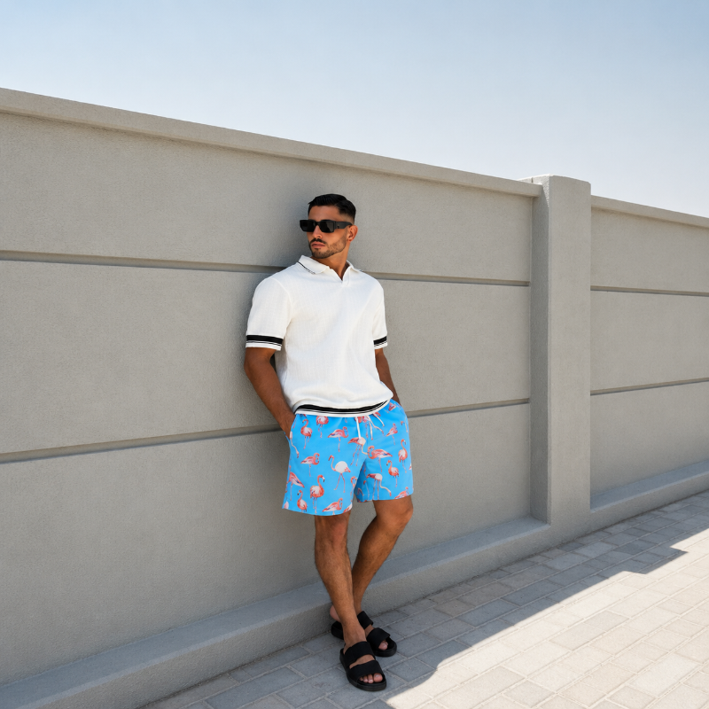 Flamingo On Sky Blue Shorts