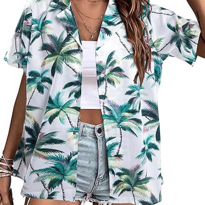 Green Palm Trees On White Hawaiian Shirts