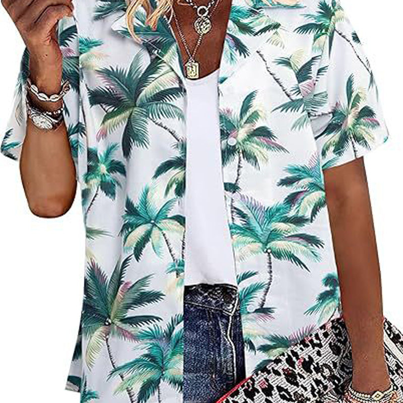 Green Palm Trees On White Hawaiian Shirts