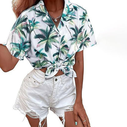 Green Palm Trees On White Hawaiian Shirts