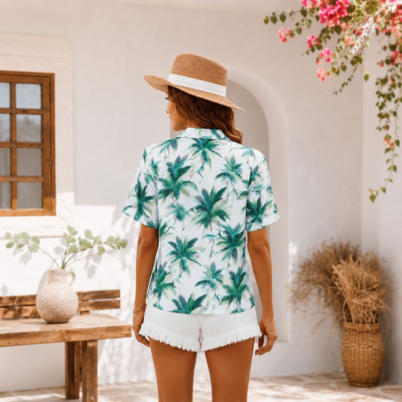 Green Palm Trees On White Hawaiian Shirts