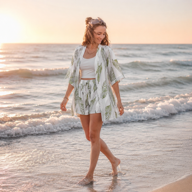 Green Leaf Print Hawaiian Set