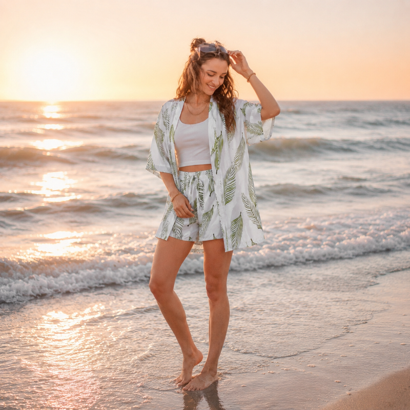 Green Leaf Print Hawaiian Set