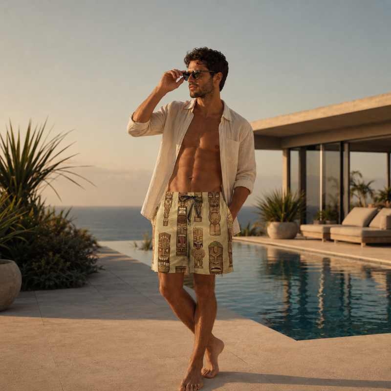 Island Tiki Totem Beach Shorts