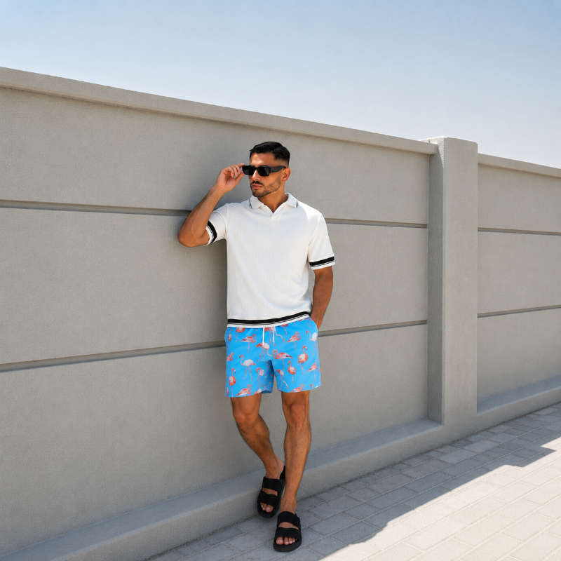Flamingo On Sky Blue Shorts