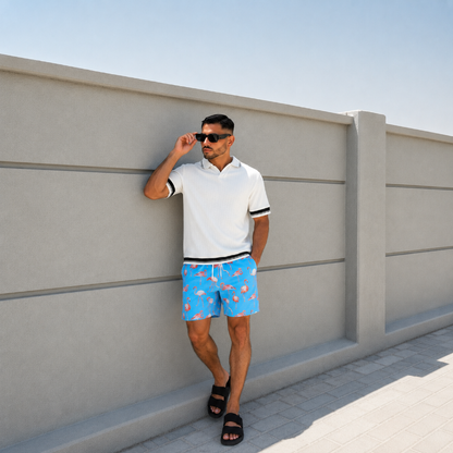 Flamingo On Sky Blue Shorts