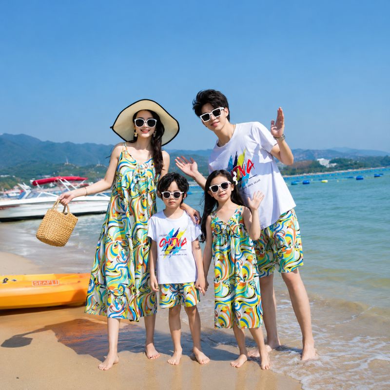 Rainbow Wave Print Matching Family Hawaiian Set