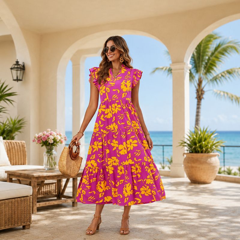 Ruffled Shoulder Midi Dress