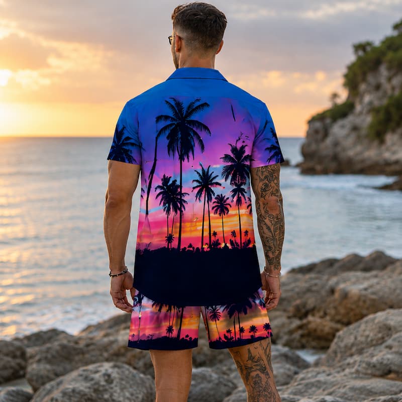 A man stands on a rocky beach at sunset wearing a short-sleeve button-up shirt and matching shorts with a colorful tropical palm tree sunset print. The shirt and shorts feature a gradient design transitioning from blue and purple at the top to pink, orange, and black silhouettes of palm trees near the bottom.