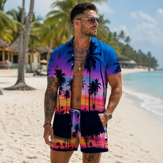 A man wearing a matching tropical beach print short-sleeve button-up shirt and shorts stands on a sandy beach with palm trees and ocean in the background.