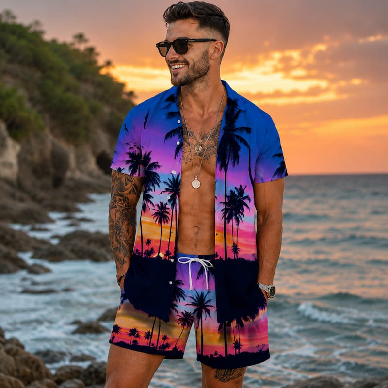 A man wearing a matching tropical sunset print short-sleeve button-up shirt and shorts stands on a rocky beach with the ocean and a colorful sunset in the background.