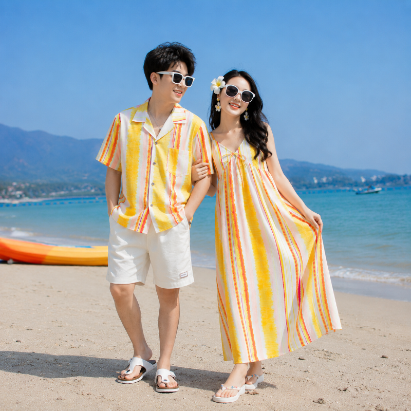 Sunshine Stripe Print Matching Family Hawaiian Set