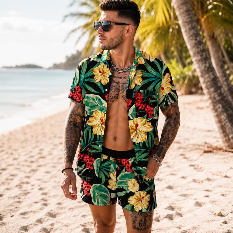 A man wearing a matching tropical print short-sleeve button-up shirt and shorts set stands on a sandy beach with palm trees and the ocean in the background. The set features a black base with green leaves, yellow hibiscus flowers, and red floral accents.