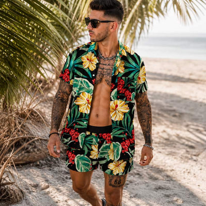 A man wearing a matching black tropical print short-sleeve button-up shirt and shorts set, walking on a sandy beach path with palm trees in the background.