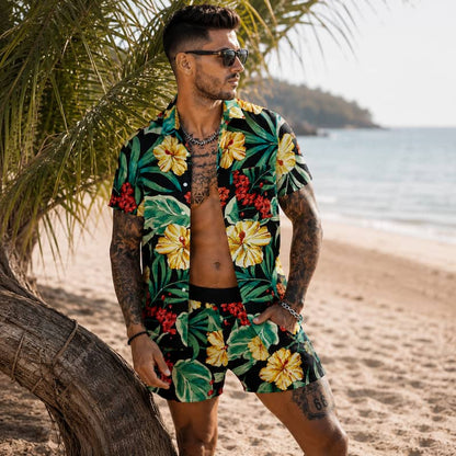 A man wearing a tropical floral print short-sleeve button-up shirt and matching shorts stands on a sandy beach next to a palm tree, with the ocean and distant land in the background.